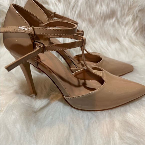 Tan Pointed-Toe T-Strap Heels - Picture 2 of 11